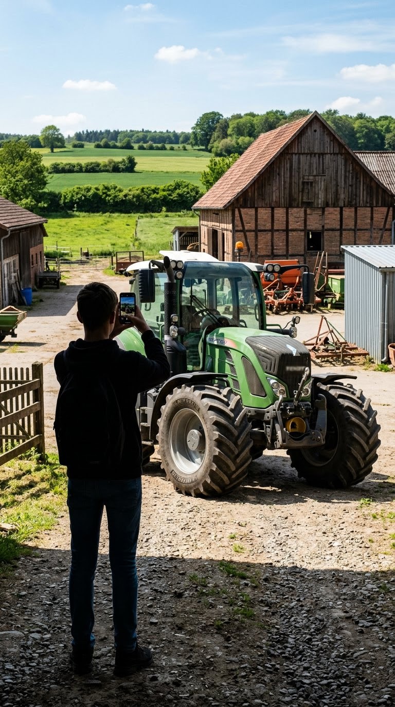 Ein Spotter hält sein Smartphone auf einen großen grünen Trecker im Hof.